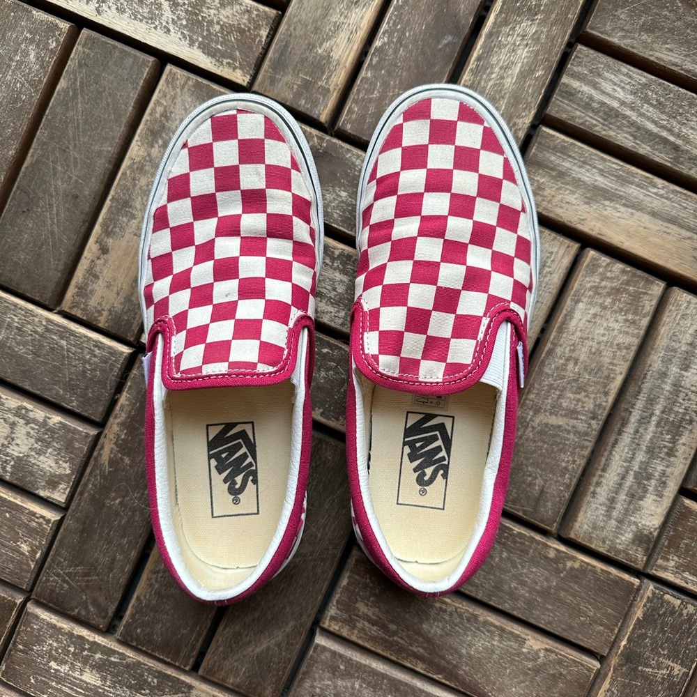 Red and white classic checkerboard slip on vans